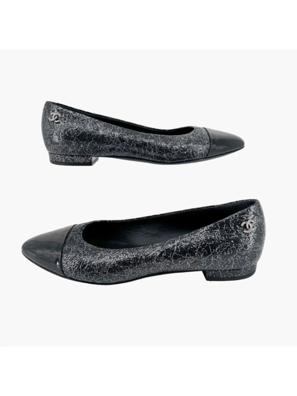 Chanel CC Cap Toe Ballet Flats Black Silver Leather Size 37.5 US 6.5–7 Women
